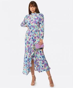 NWT RIXO Lilac link Floral 100% Silk Open Back Dani Maxi Dress Size US 10